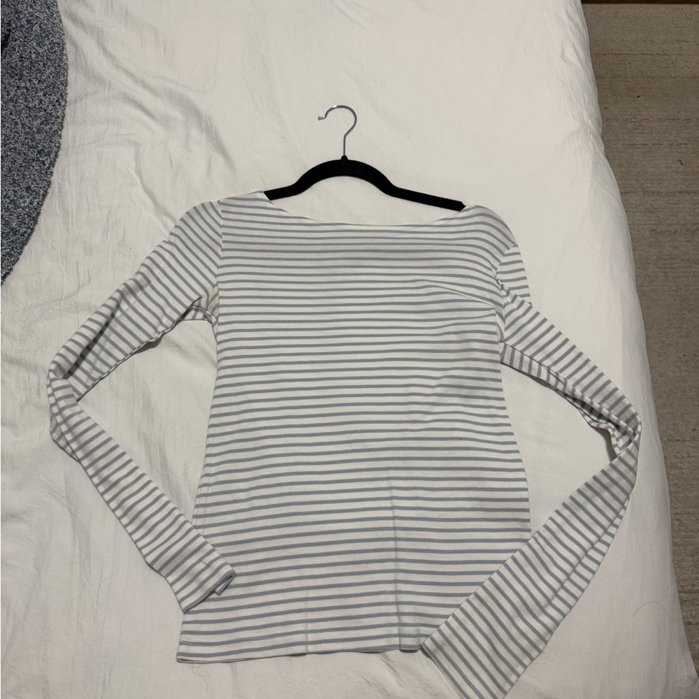 Brandy Melville White & Light Gray Striped Boatneck Long-Sleeve Top